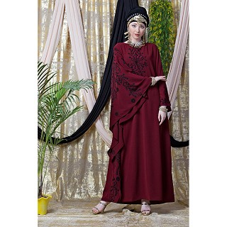 Embroidered abaya with Butterfly sleeves- Maroon